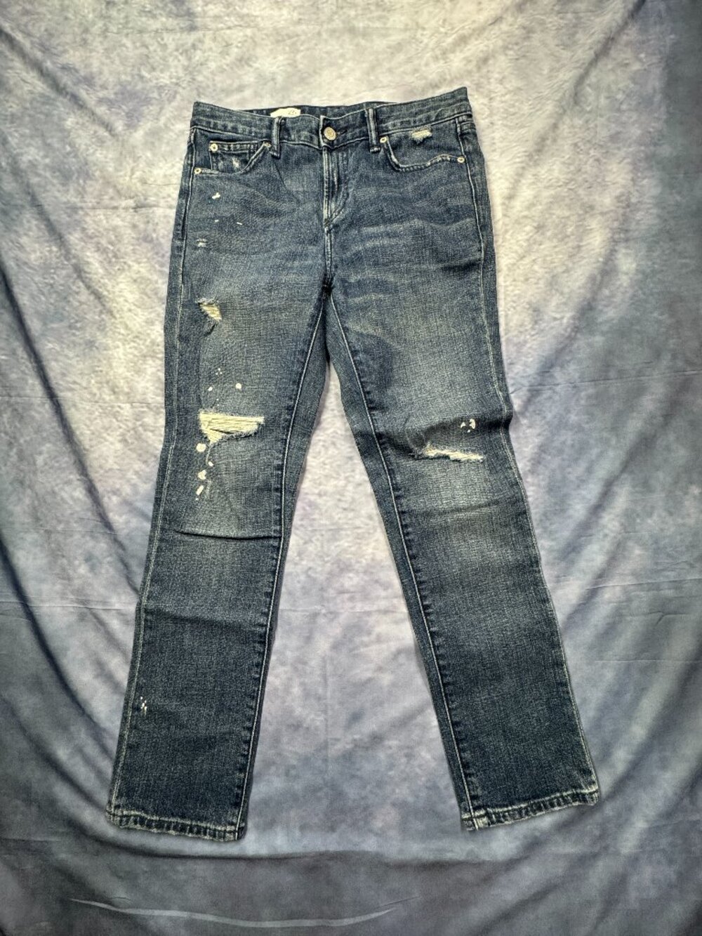 Gap 1969 Jeans Womens 27R Blue Real Straight Distressed Rips Paint Stains